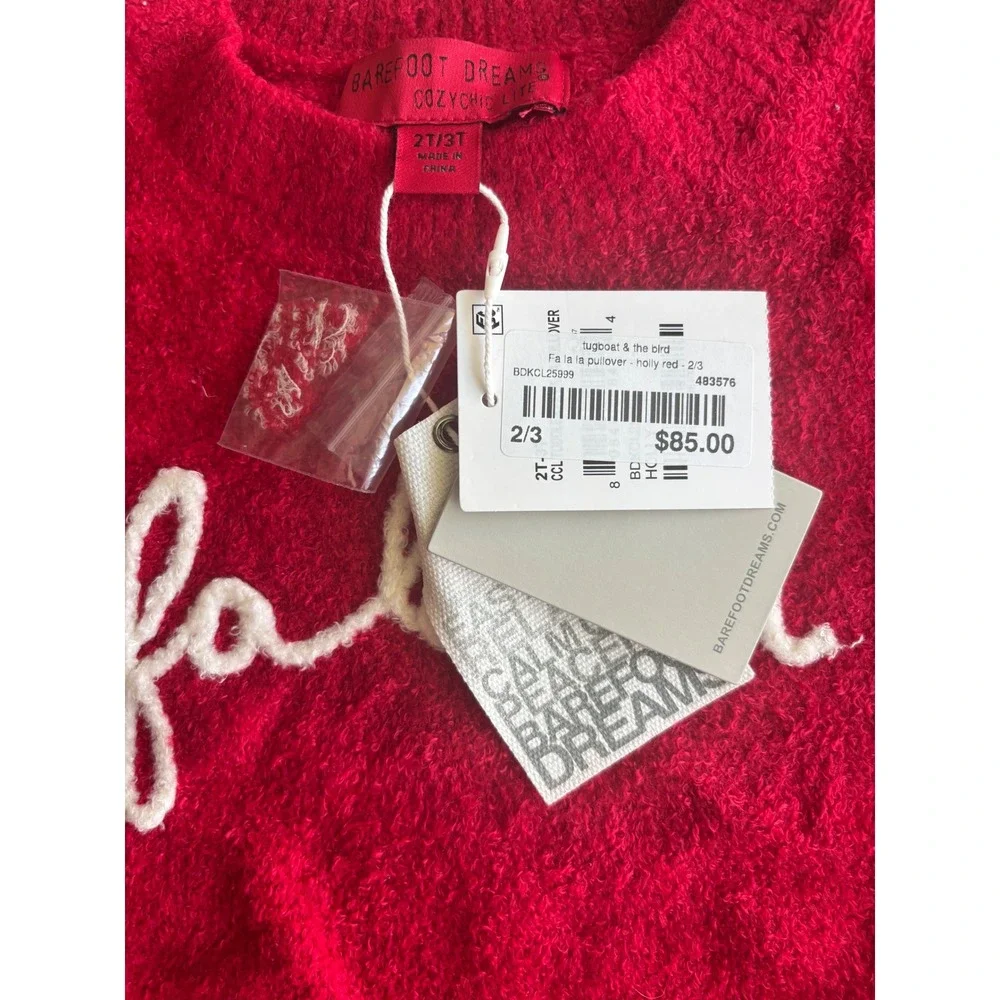 Barefoot Dreams Kids Christmas Pullover Holly Red CozyChic Sweater 2T/3T NEW